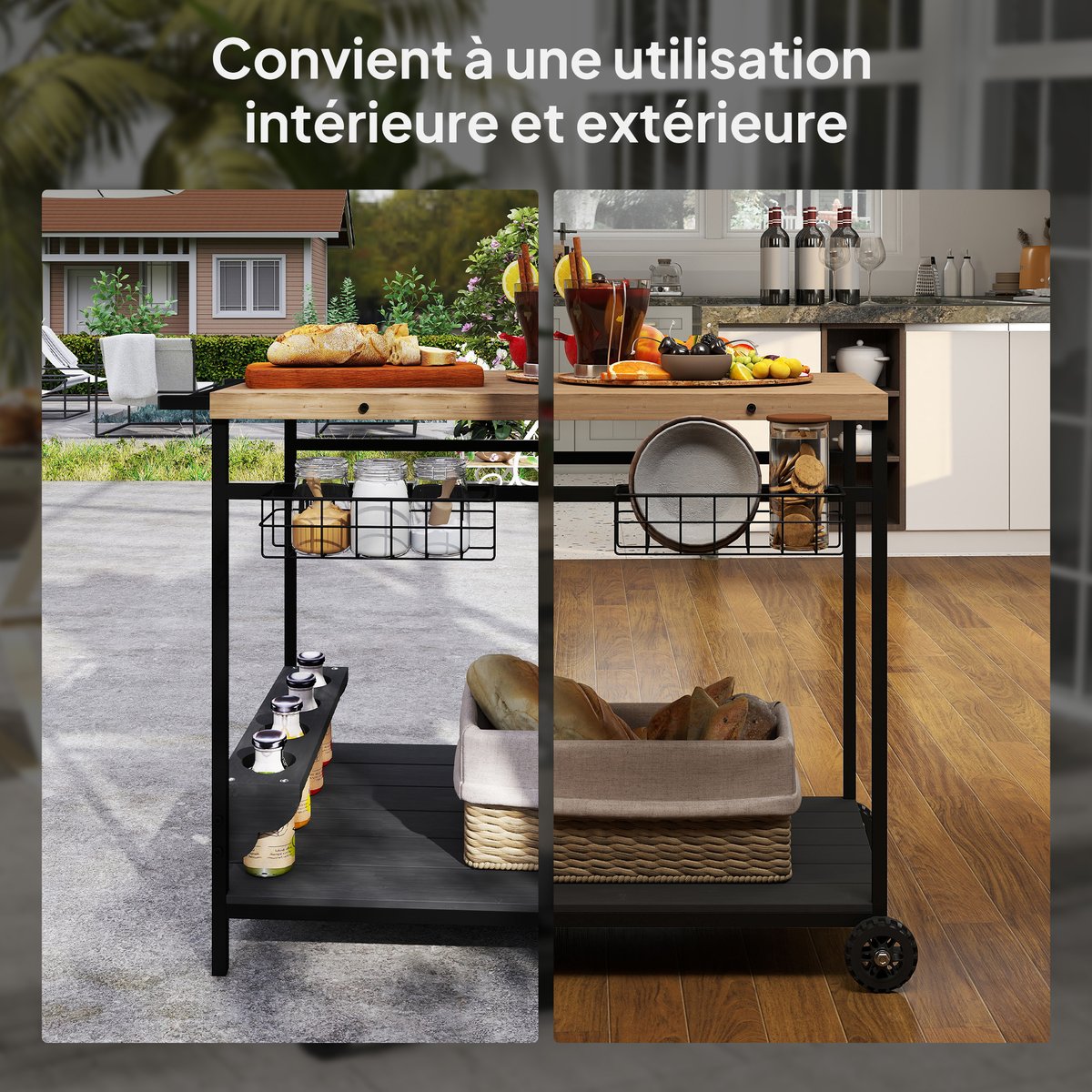 Chariot de service Acier Bois naturel beige, OUTSUNNY