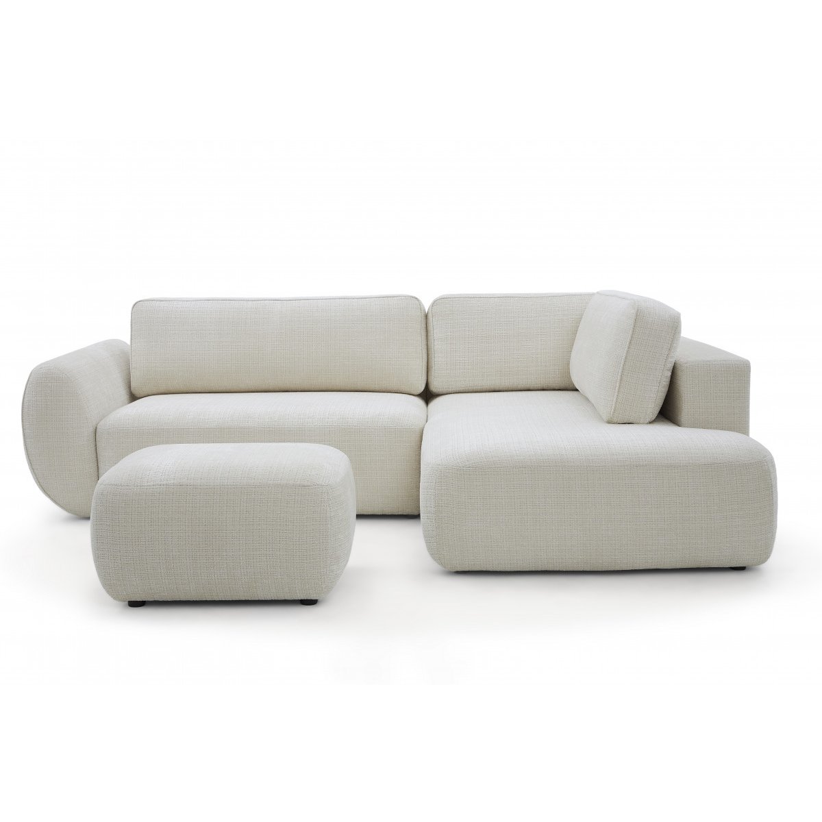 Canapé d'angle convertible 4 places en tissu texturé avec pouf, DENISE blanc, BOBOCHIC