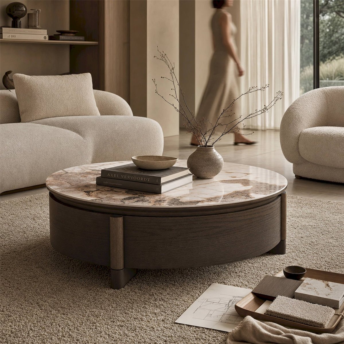 Table basse ronde bois collection LANGFORD marron brun et effet marbre, RECOLLECTION