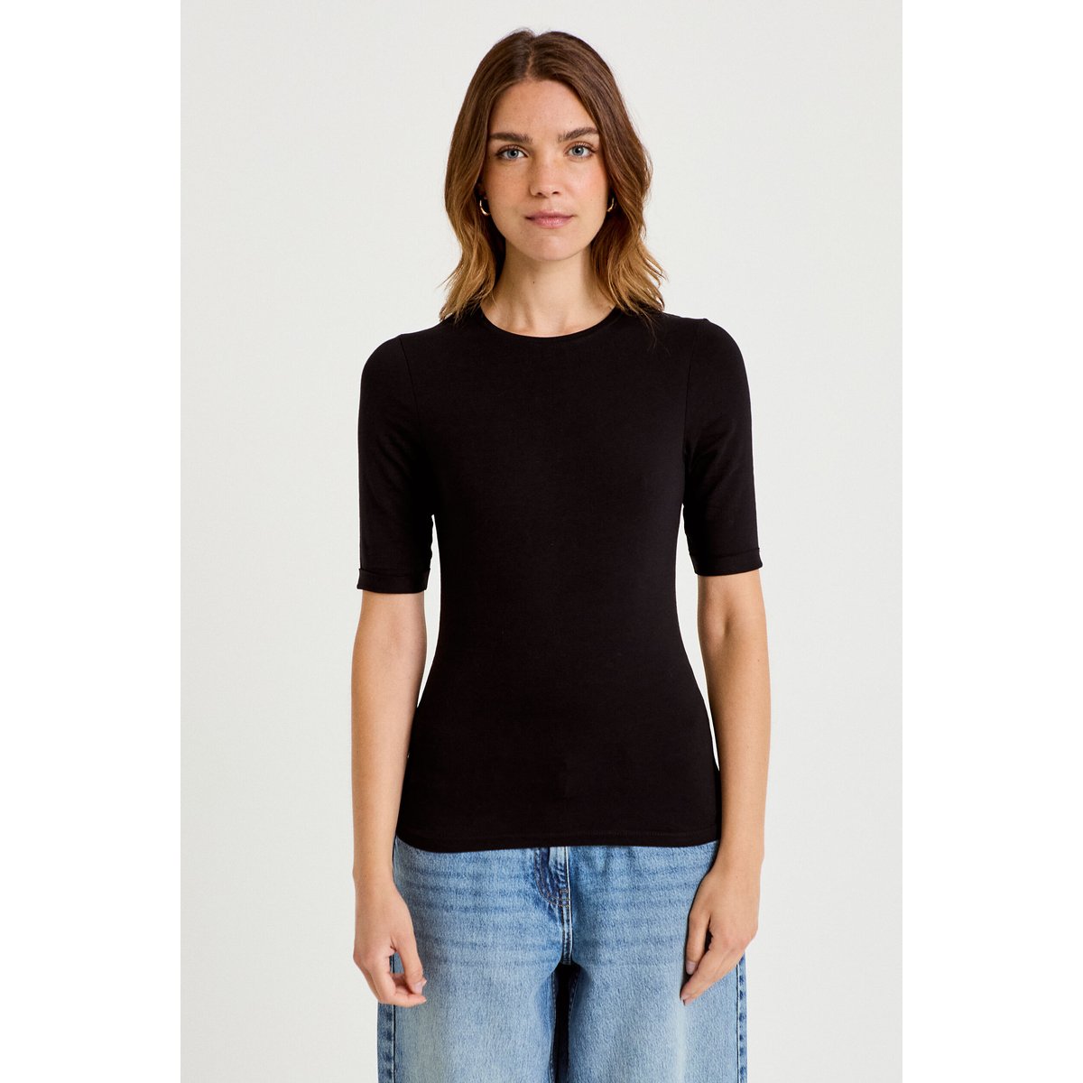 T-shirt ajusté col rond manches courtes noir, CACHE CACHE