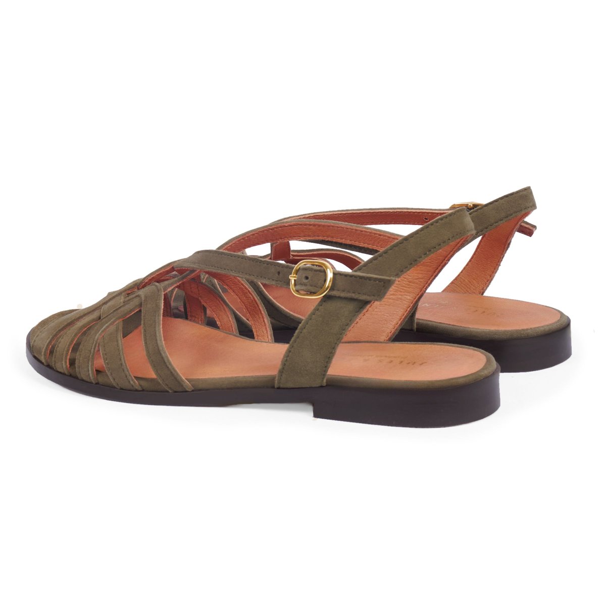 Sandales plates brides cuir daim kaki, JULES & JENN