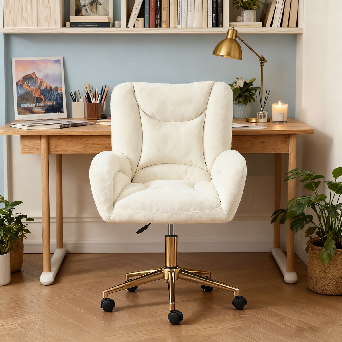 Chaise de bureau en velours réglable et pivotante, ROSSIE blanc, MEUBLES COSY