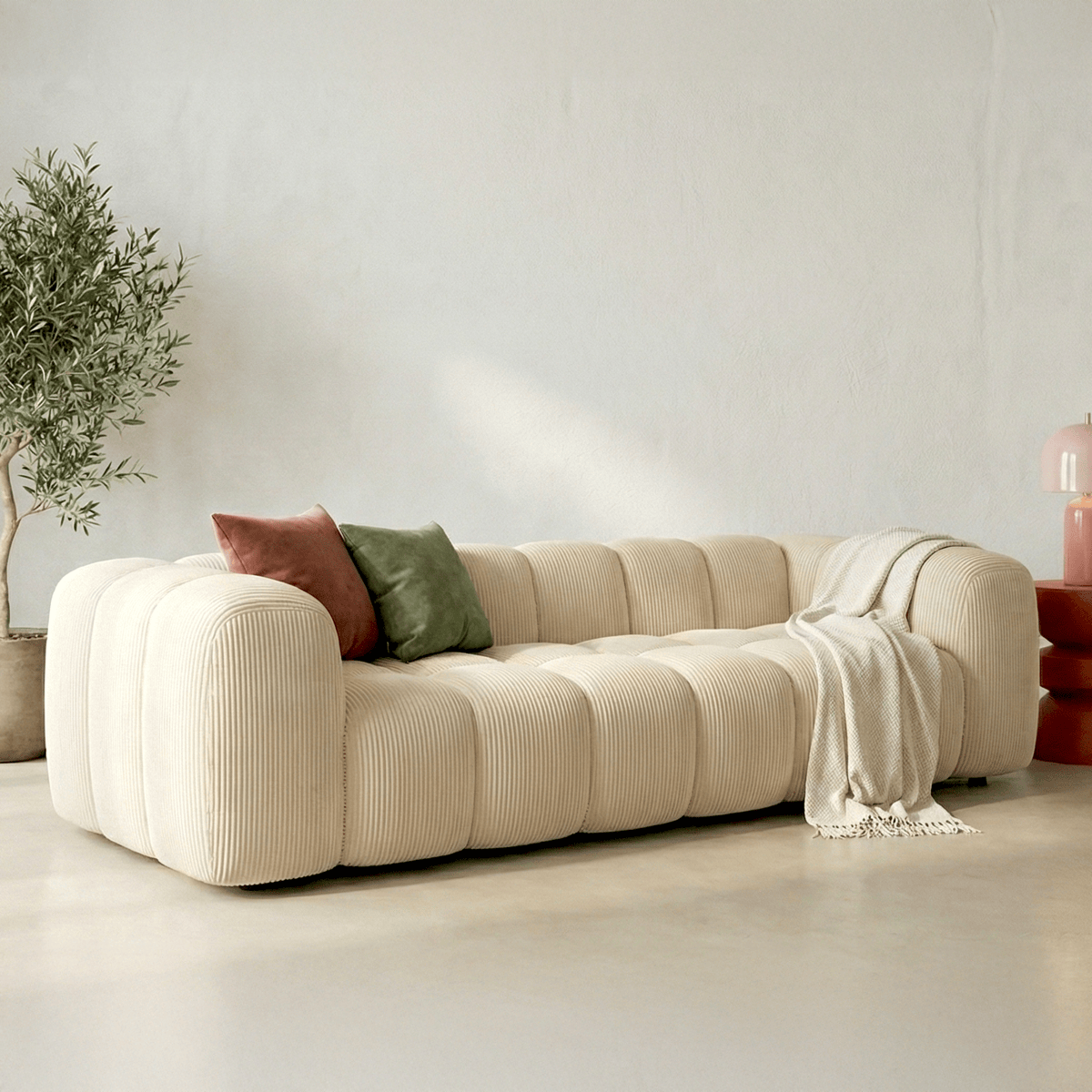 Canapé droit 3 places en velours côtelé - NUVOLA beige, HOMIFAB