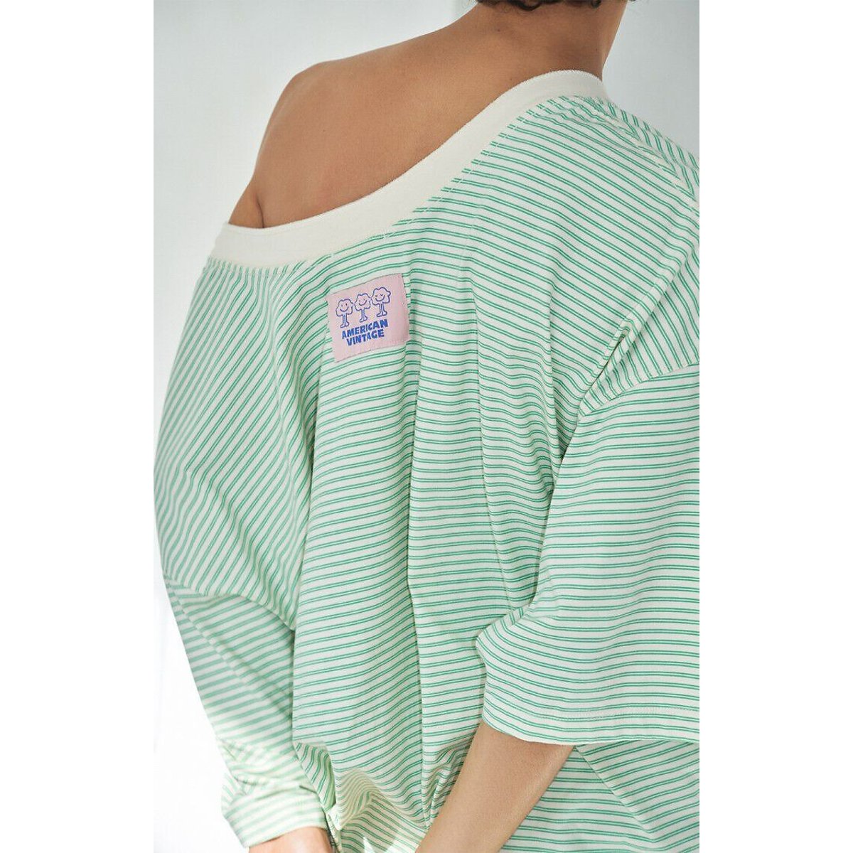 T-shirt col bateau ample à manches courtes rayé, GIXY rayé vert/écru, AMERICAN VINTAGE