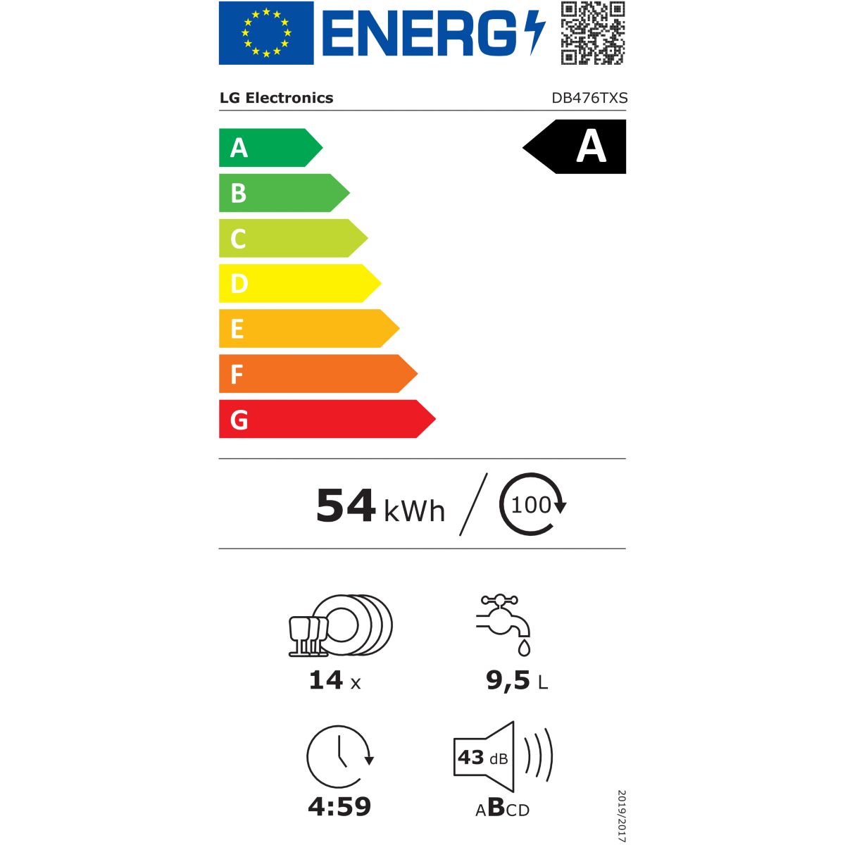Lave vaisselle encastrable DB476TXS TrueSteam couleur unique, LG