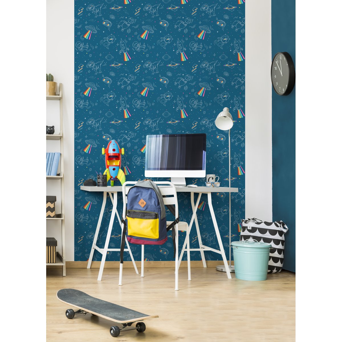 Papier peint enfant espace dinosaures fond bleu bleu, HEXOA