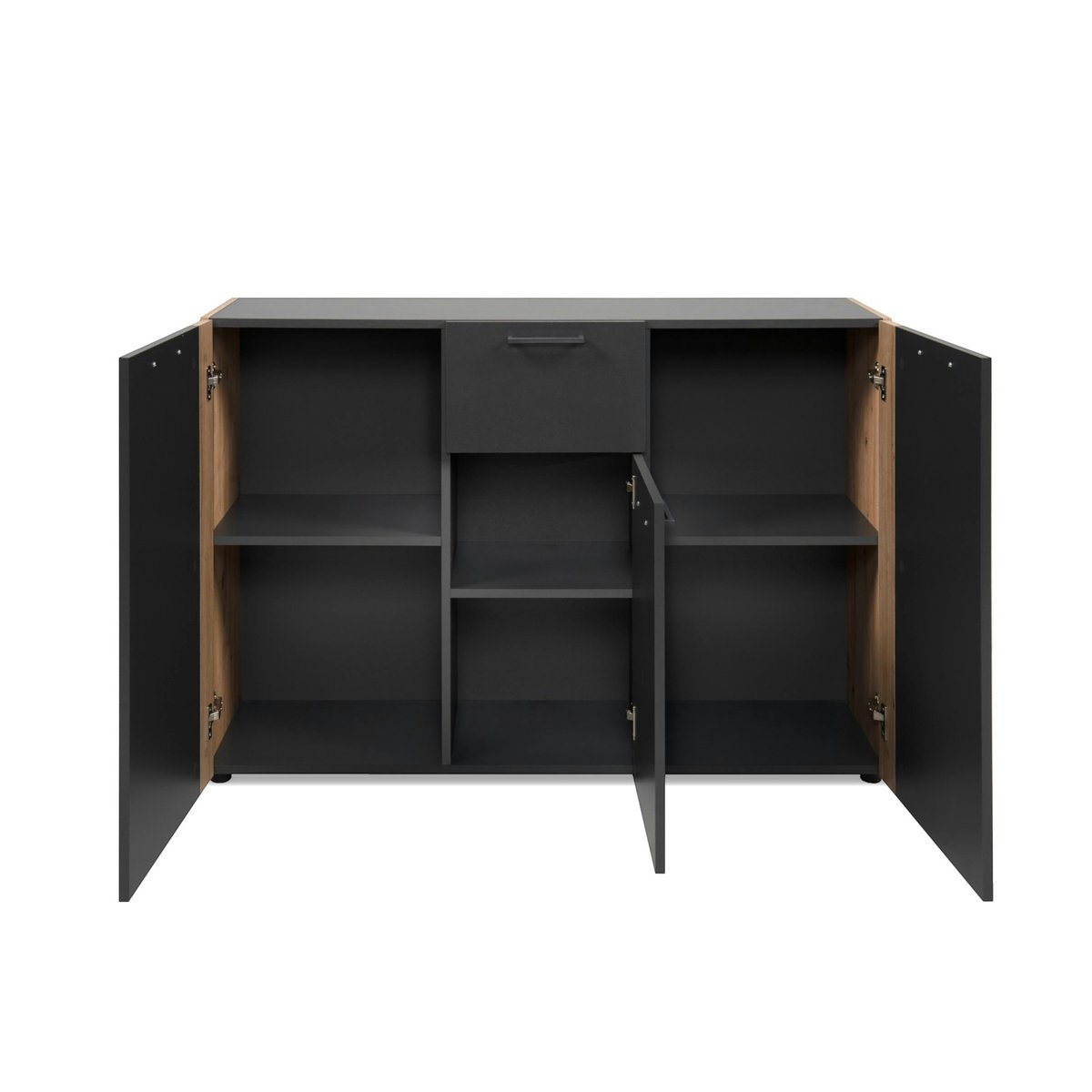 Buffet de rangement gris foncé 3 portes 1 tiroir ALVA bois naturel, PIER IMPORT