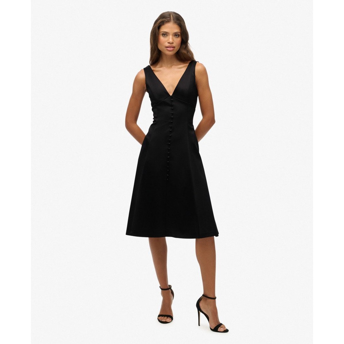 Robe Midi Satinée Col V noir, SUPERDRY