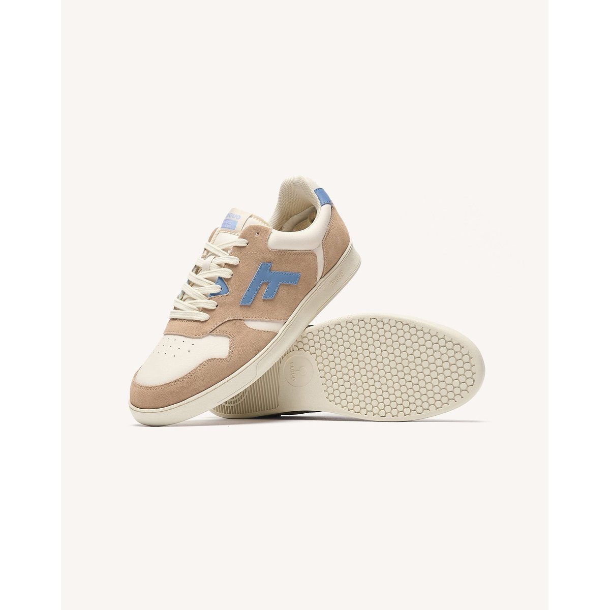 Baskets basses cuir suede PALMER taupe et beige et bleu, FAGUO