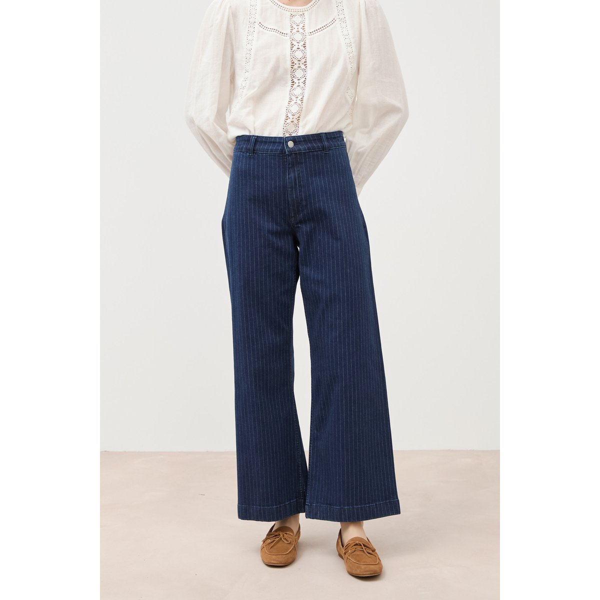 Jeans large cropped taille haute rayé denim brut, BONOBO