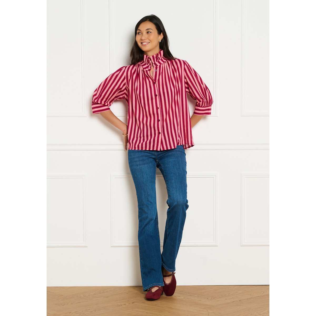 Chemise rayée col volanté bordeaux wine, LOLALIZA