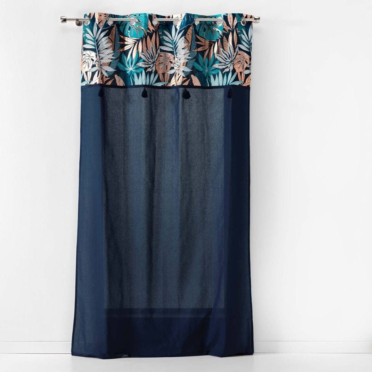 Rideau à œillets 140x240 Uni Top Métallisé Pompons Alianor Bleu Coton bleu, DECORATIE