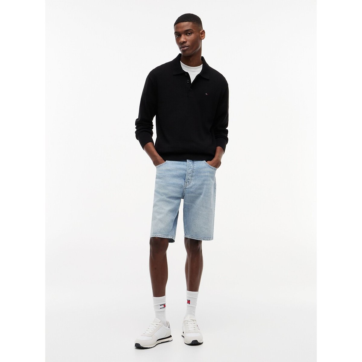 Pull slim, col polo noir, TOMMY JEANS