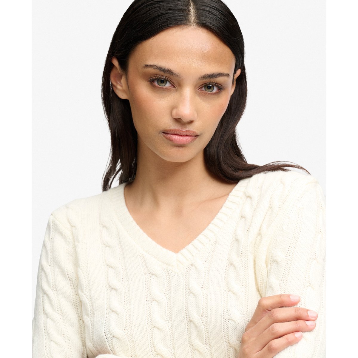 Pull Col V en Maille Torsadée Mélange de Laine crème, SUPERDRY