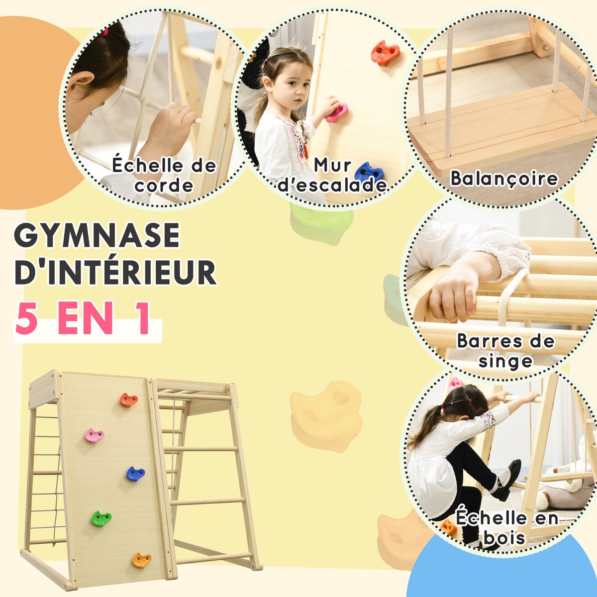 Parcours d'escalade pour enfants Bois de beige, HOMCOM