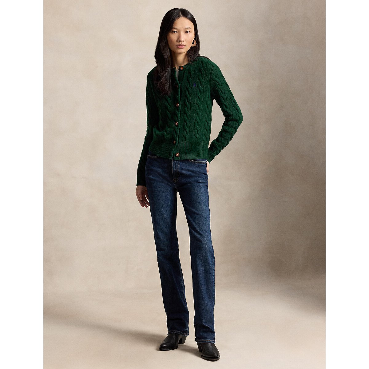 Cardigan col rond torsadé, 80% laine 20% cachemire vert foncé, POLO RALPH LAUREN