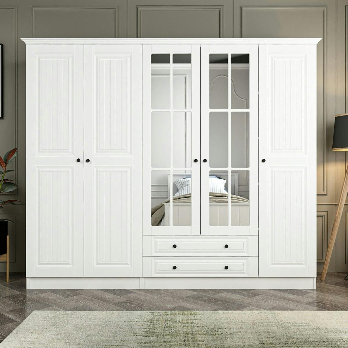 Armoire penderie blanche à moulures, 5 portes 2 miroirs BYRON blanc, PIER IMPORT