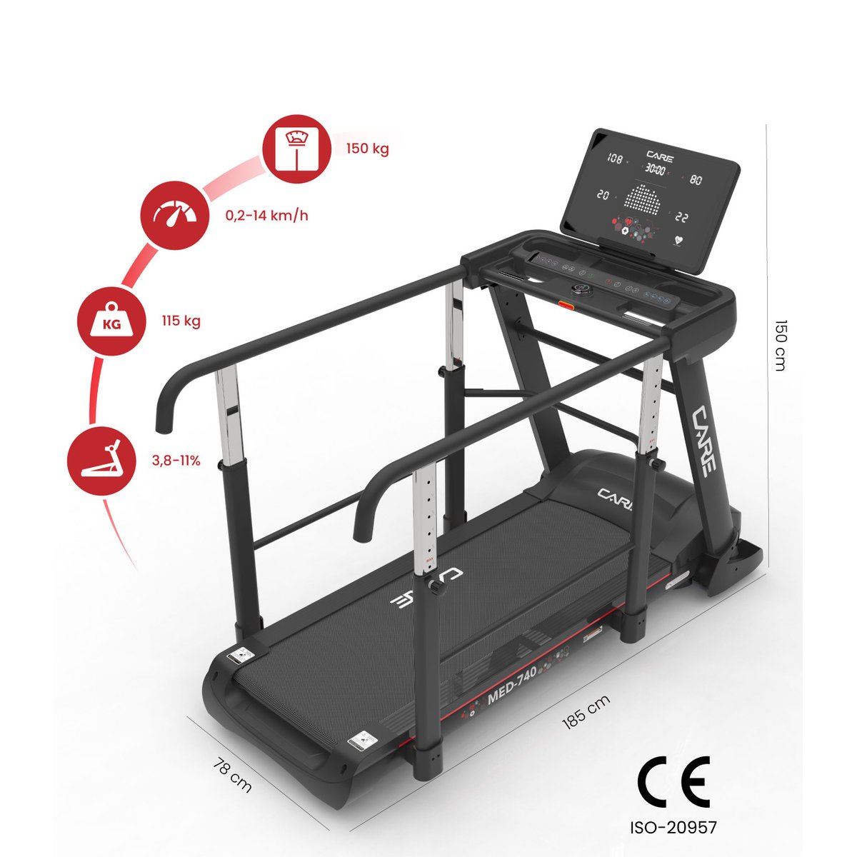 Tapis de course avec barres de maintien - 14km/h - MED-740 - MEDLINE noir, CARE FITNESS