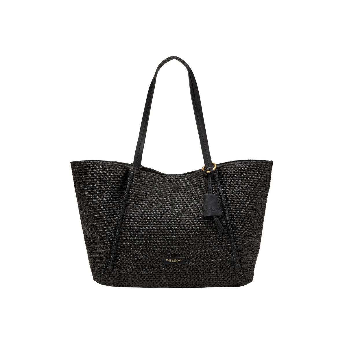 Shopper en raphia large avec détails élégants en cuir véritable noir, MARC O'POLO