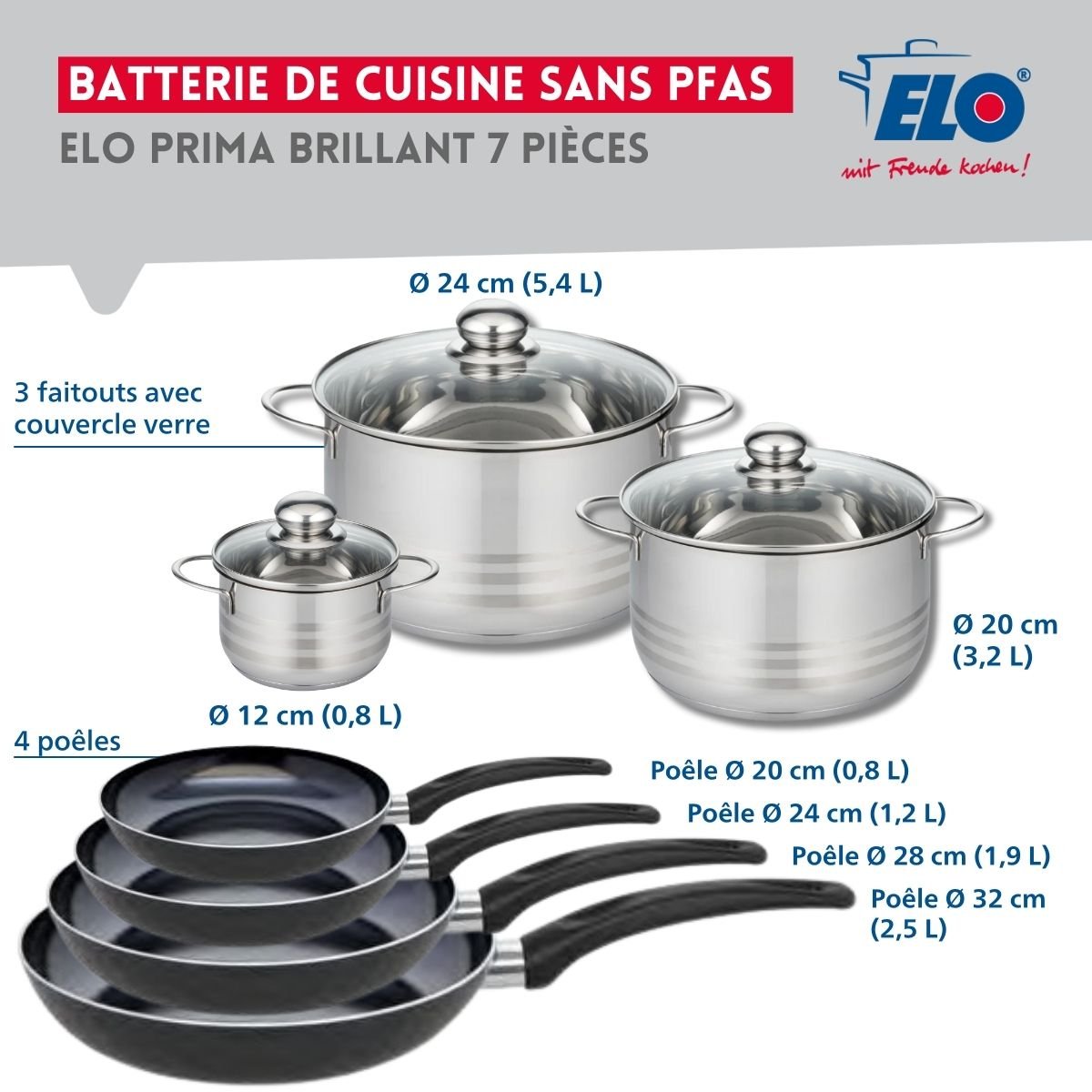 4 poêles 20/24/28/32cm + 3 faitouts 12/20/24cm PRIMA BRILLANT noir, ELO