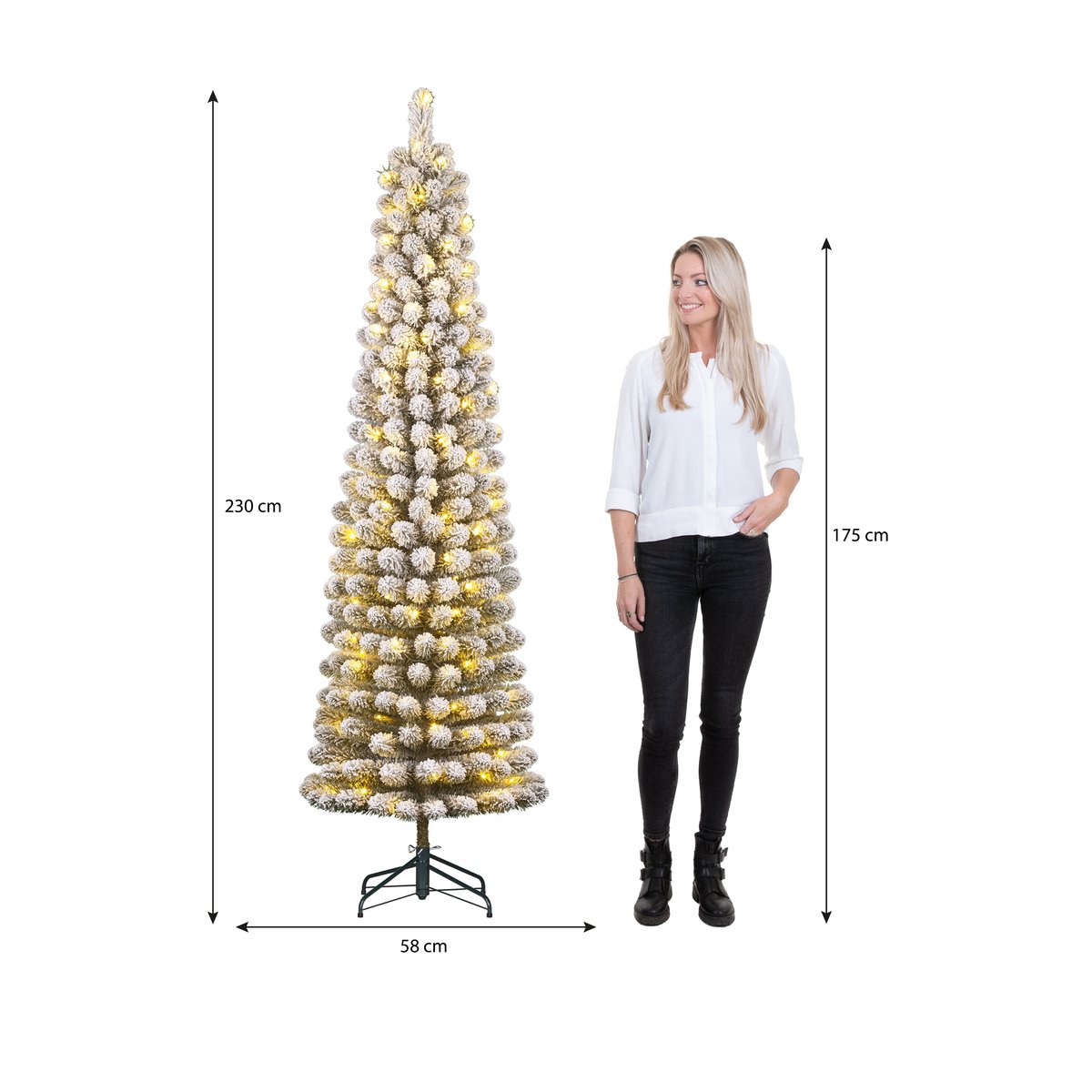 Sapin de Noël artificiel étroit et enneigé avec LED H230 cm CHARLTON vert, BLACK BOX TREES