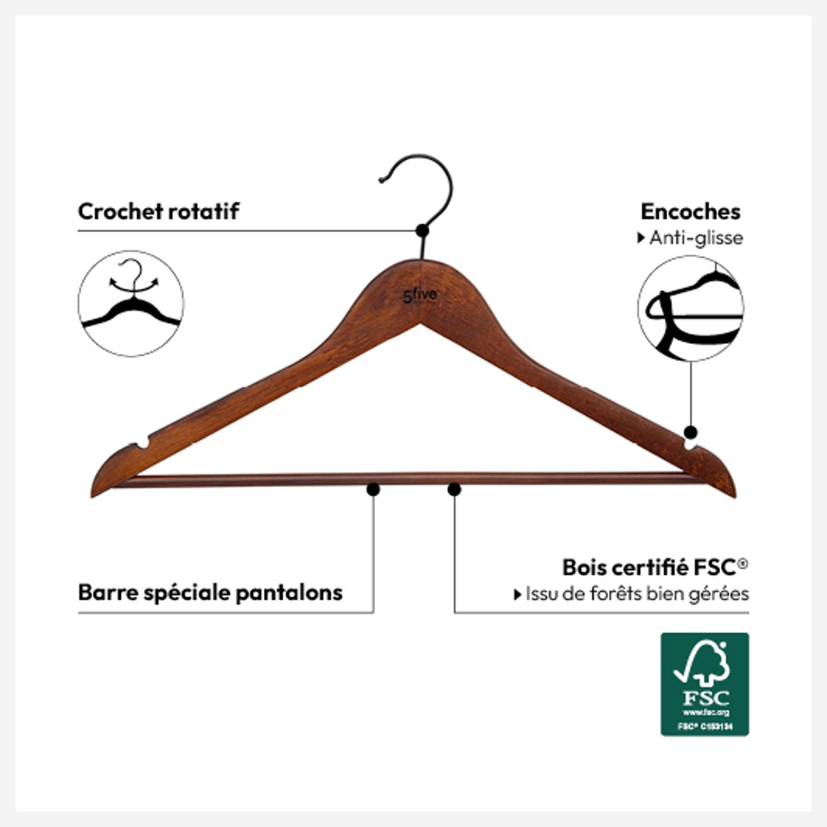 Lot de 2 cintres en bois foncé HANG'UP marron tonka, 5FIVE SIMPLY SMART
