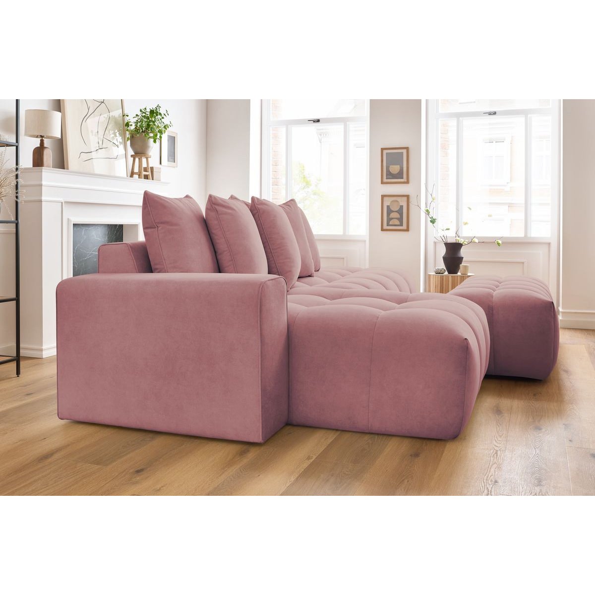 Canapé d'angle fixe 4 places en velours avec pouf, MONT-BLANC rose, BOBOCHIC
