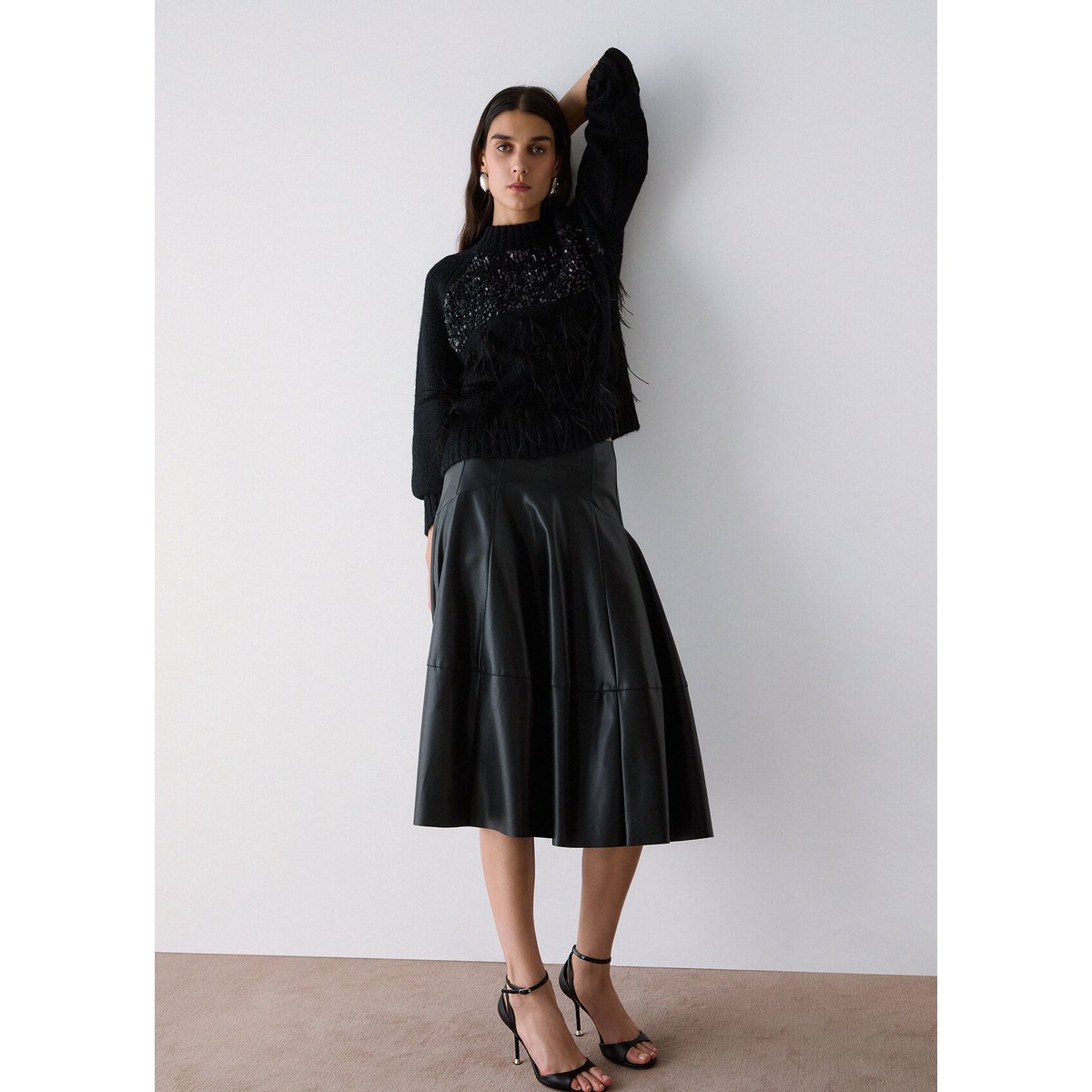Jupe midi en tissu enduit noir, LIU JO