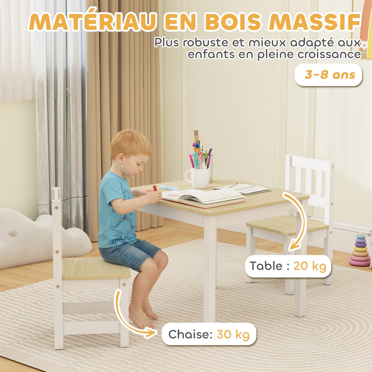 Ensemble table et chaises pour enfants MDF bois naturel, blanc, AIYAPLAY