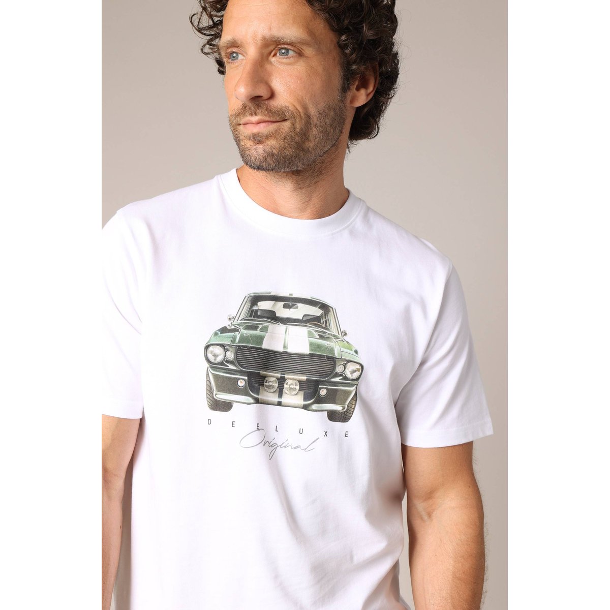 T-shirt en coton avec imprimé voiture rétro sur le devant, coupe droite et col rond FASTCAR blanc, DEELUXE