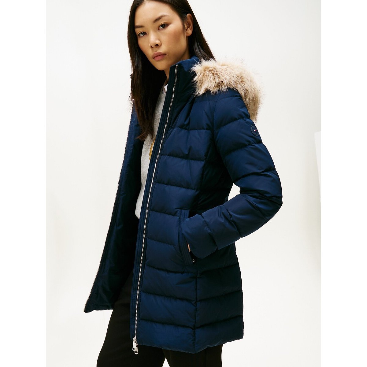 Manteau doudoune mi-long à capuche marine, TOMMY HILFIGER