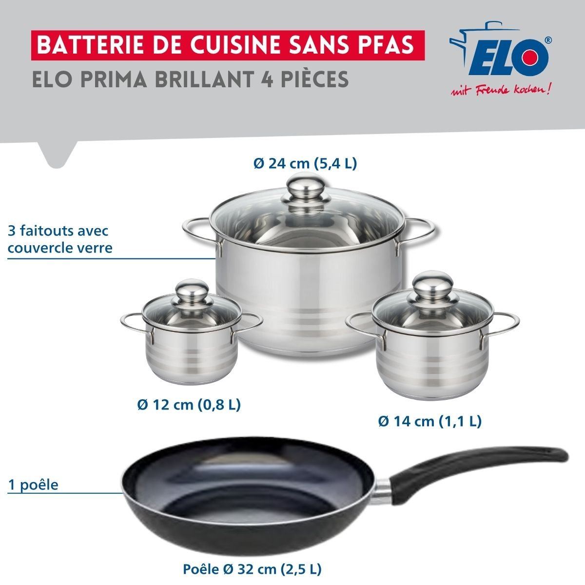 Batterie 1 poêle 32cm + 3 faitouts 12/14/24cm PRIMA BRILLANT noir, ELO