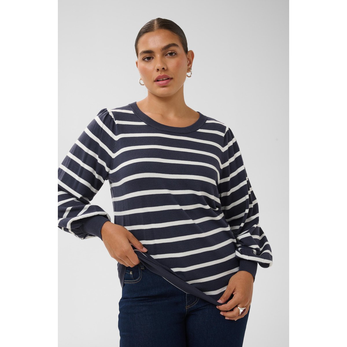 Pullover tricoté bleu blanc graphite w. chalk stripe, KAFFE CURVE
