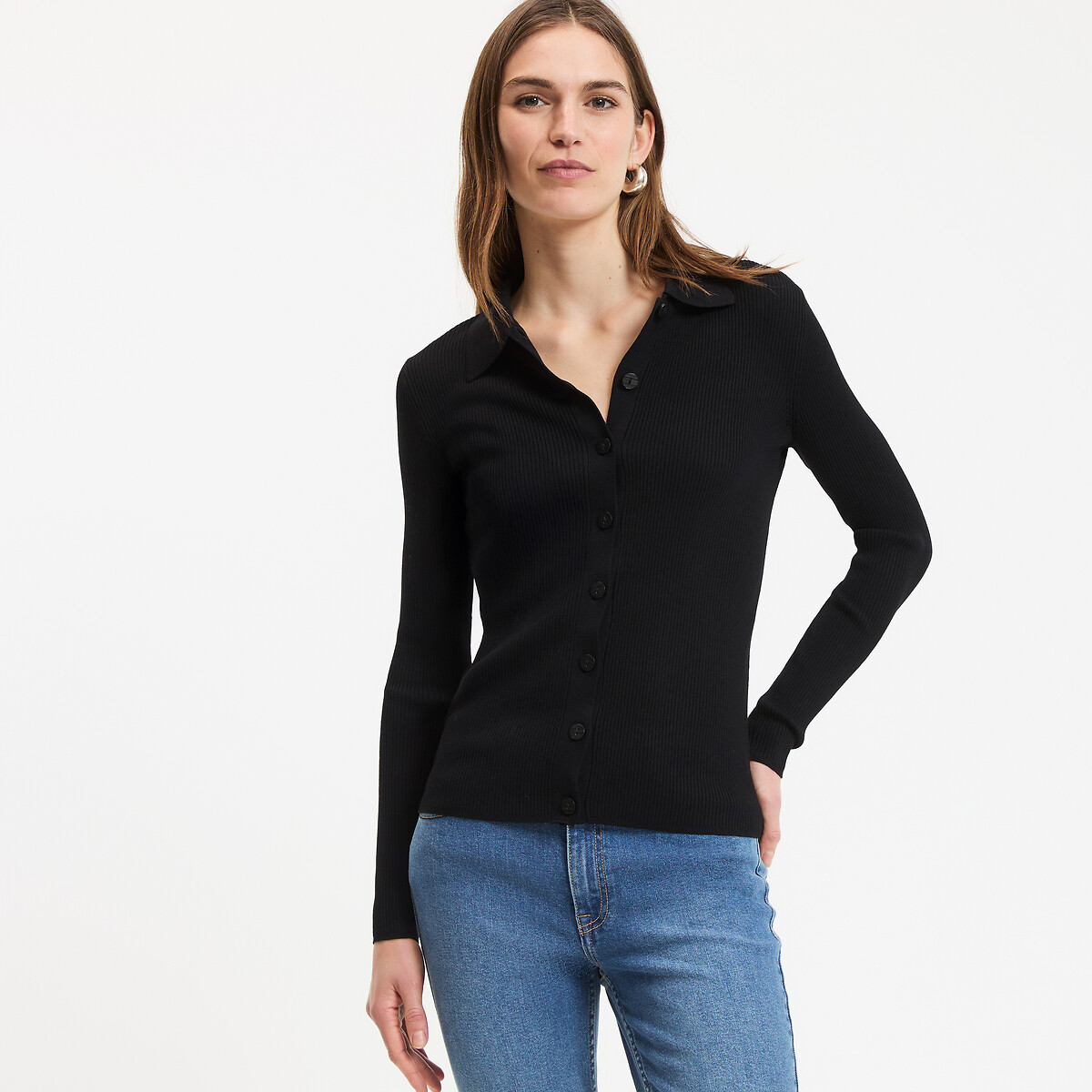 Cardigan com gola polo em malha fina, com botões preto , LA REDOUTE COLLECTIONS