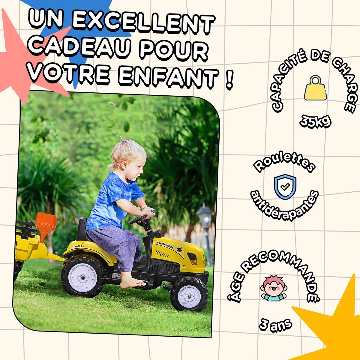 Voiture de chantier à pédales pour enfants jaune, HOMCOM