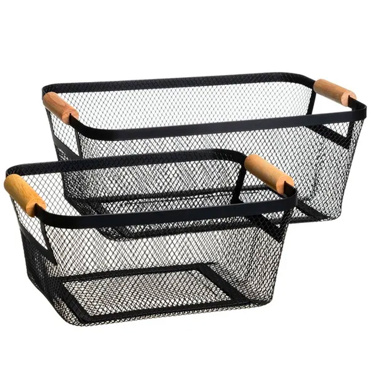 Set 2 paniers de rangement multiusage métal noir et bois 33x21x14cm noir, WADIGA