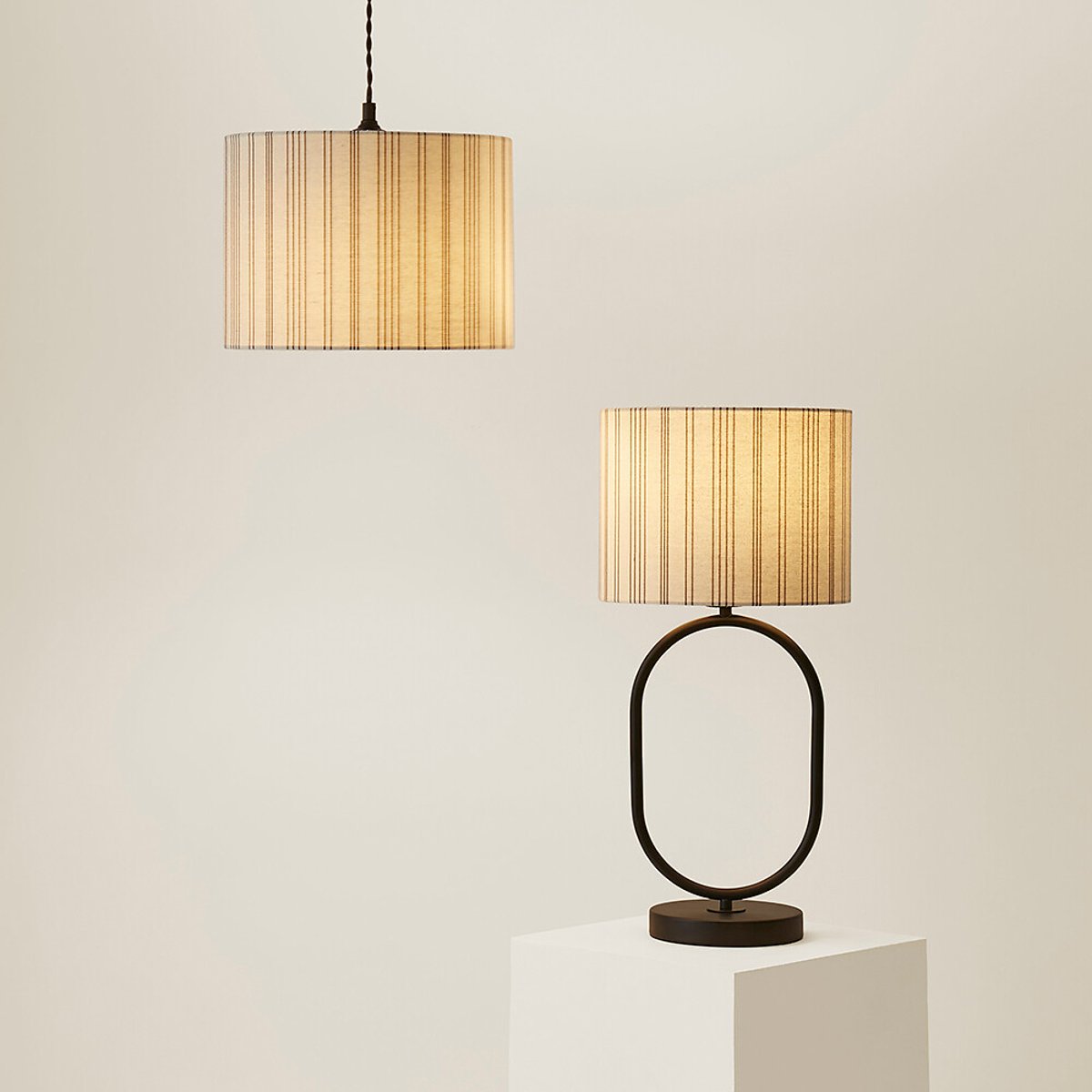 Harley Small Natural Striped Detail Linen Drum Shade white, SO'HOME