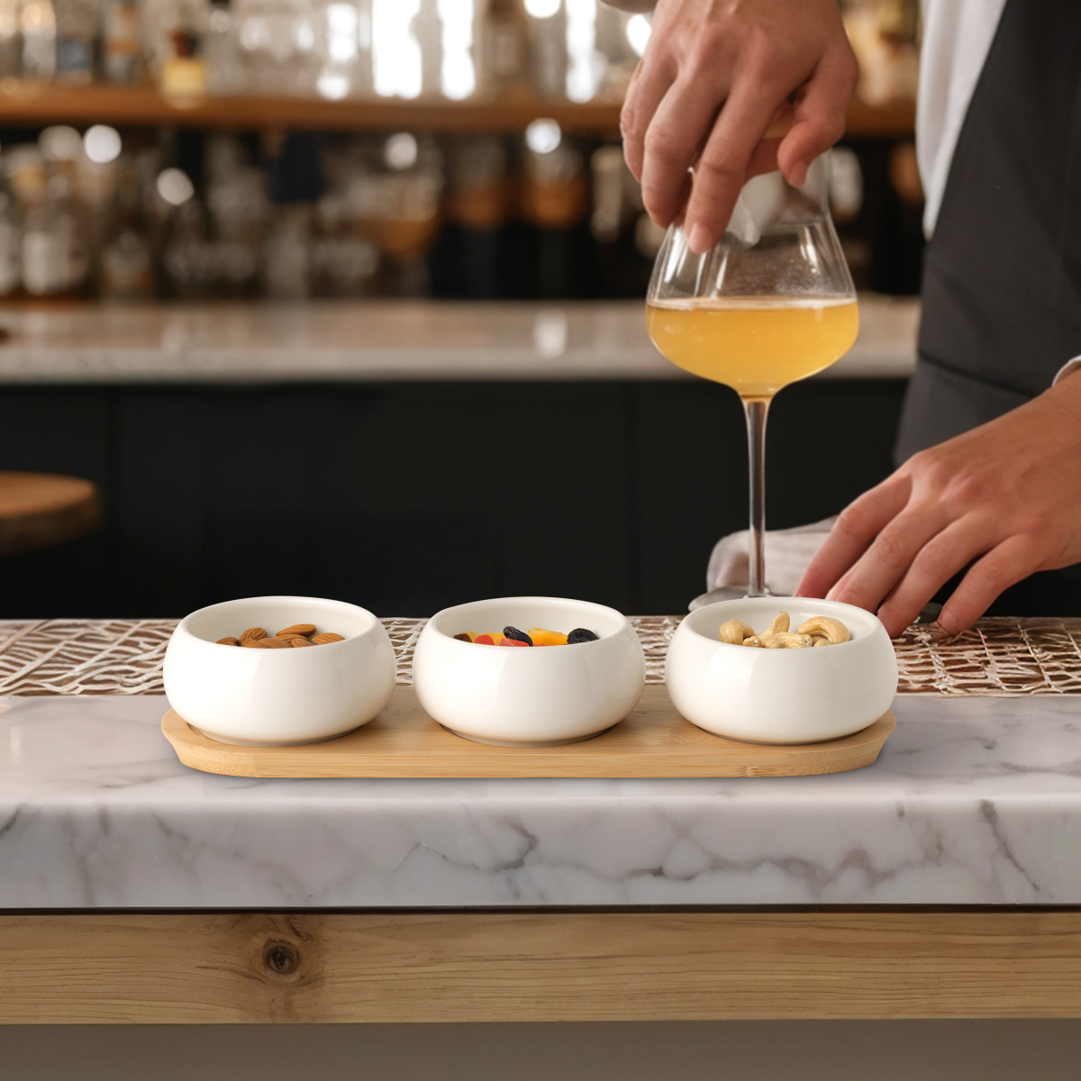 Set de 3 coupelles apéritives en céramique avec plateau en bambou - TAPAS blanc, MEDARD DE NOBLAT
