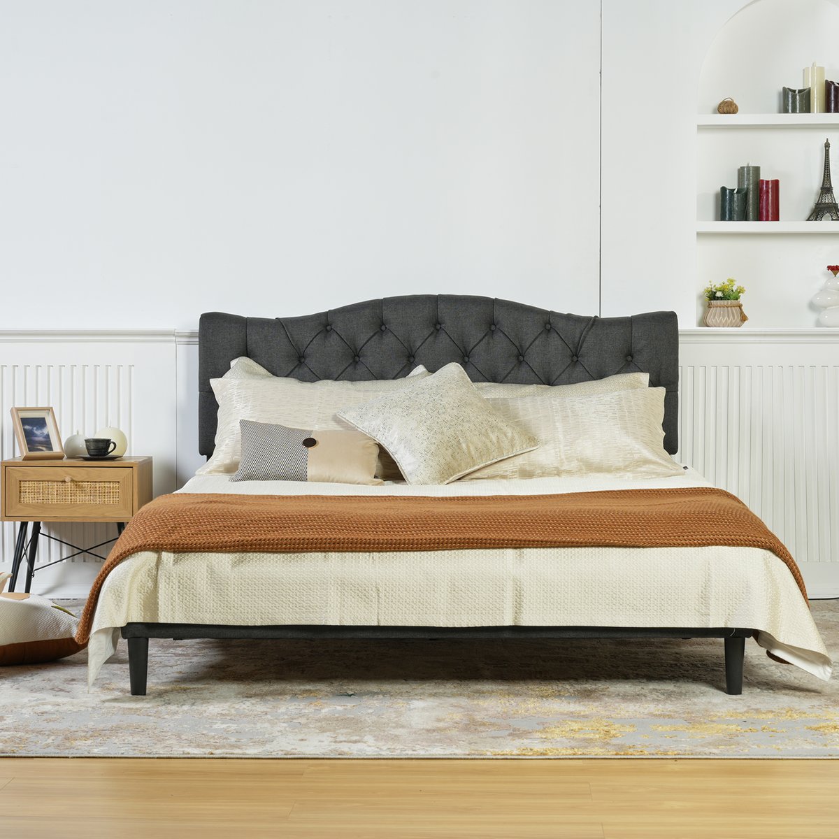 Lit double capitonné sans matelas sans rangement, LEON gris, MEUBLES COSY