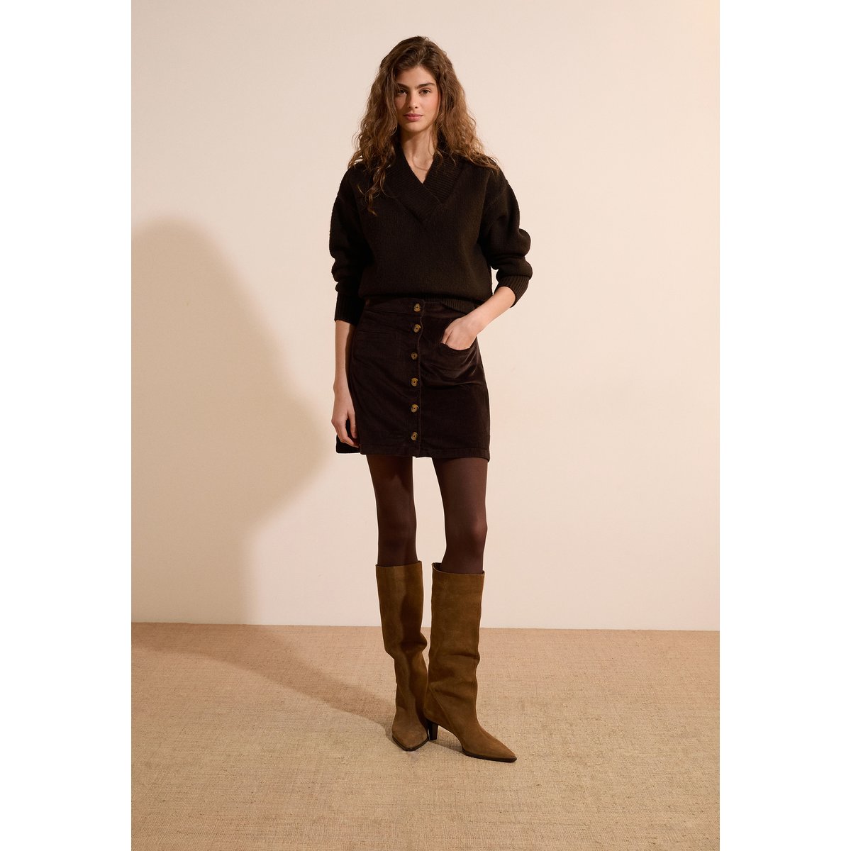 Jupe courte en coton VELVETY chocolat, ETAM
