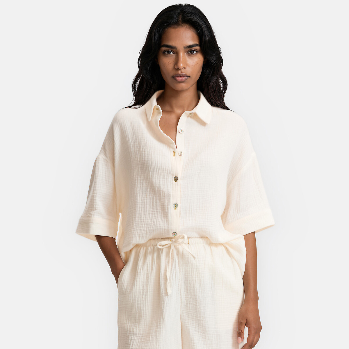 Pyjashort en gaze de coton, Signature MARGOT ivoire, LA REDOUTE COLLECTIONS