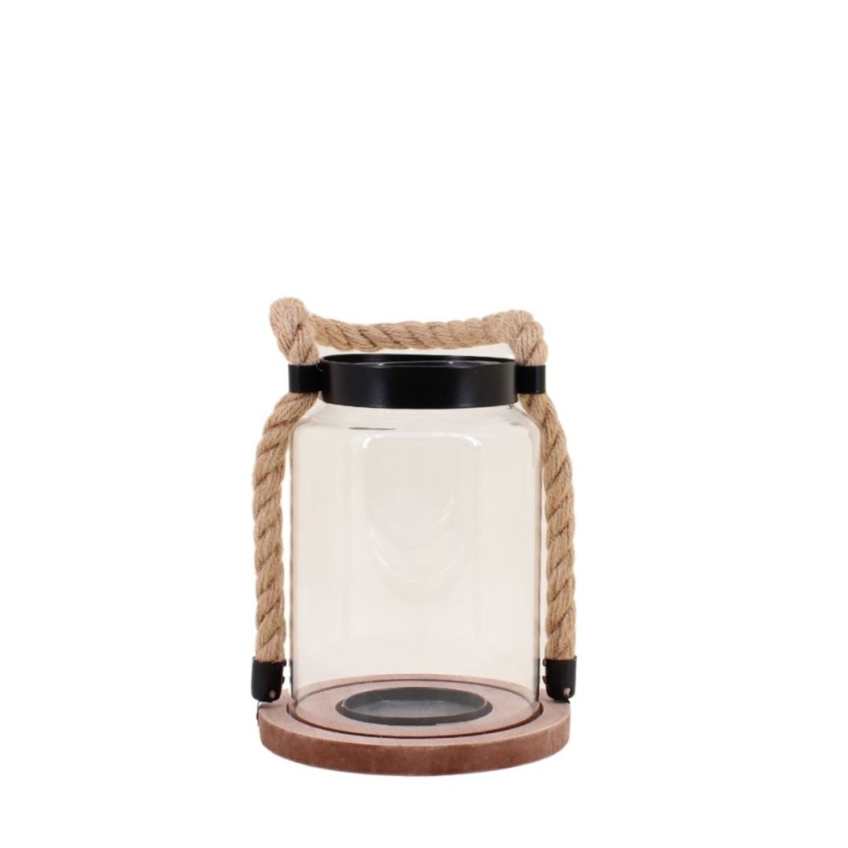 Lanterne en verre poignée corde 16x19cm beige, ORNAMI
