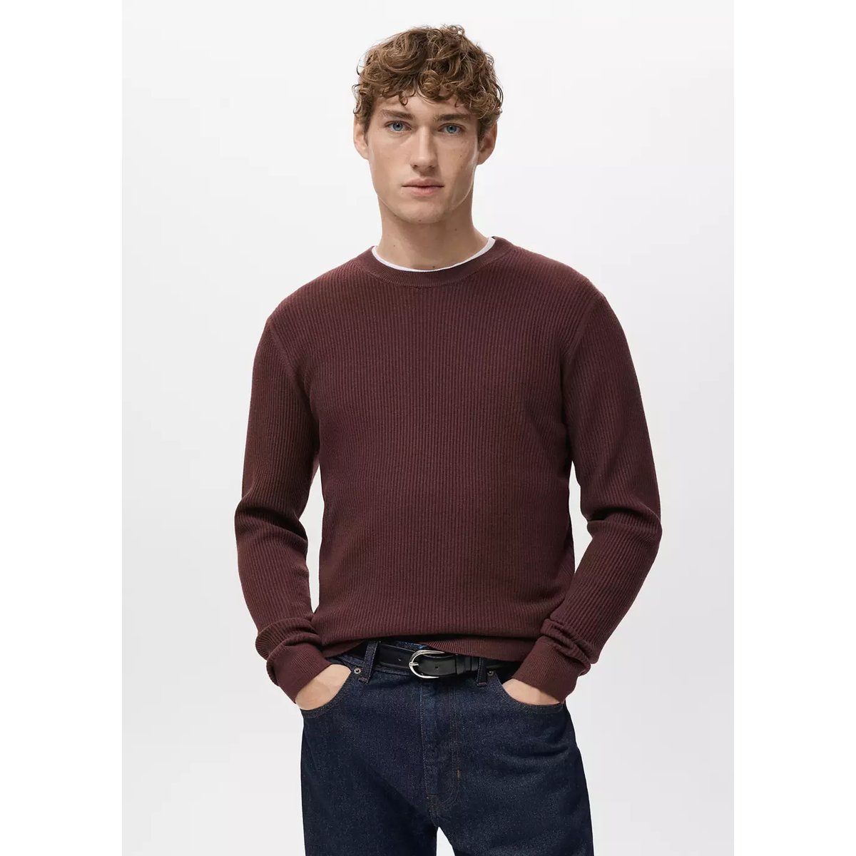 Pull coton maille fine bordeaux, MANGO MAN