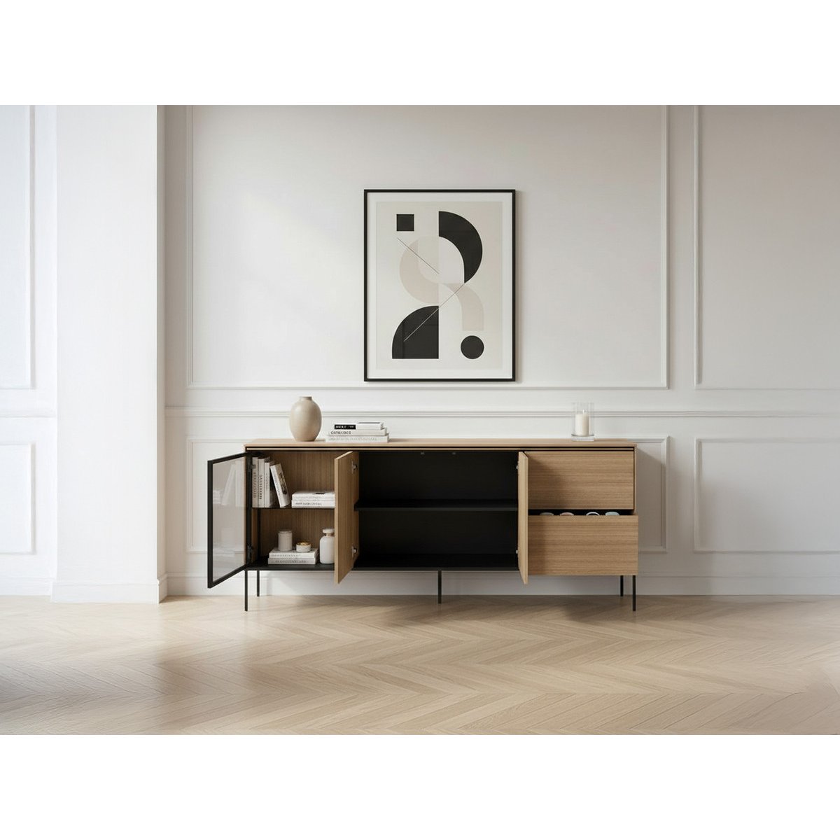 Buffet bas en panneaux de particules 3 portes 2 tiroirs 201 cm, VERONA marron clair, BOBOCHIC