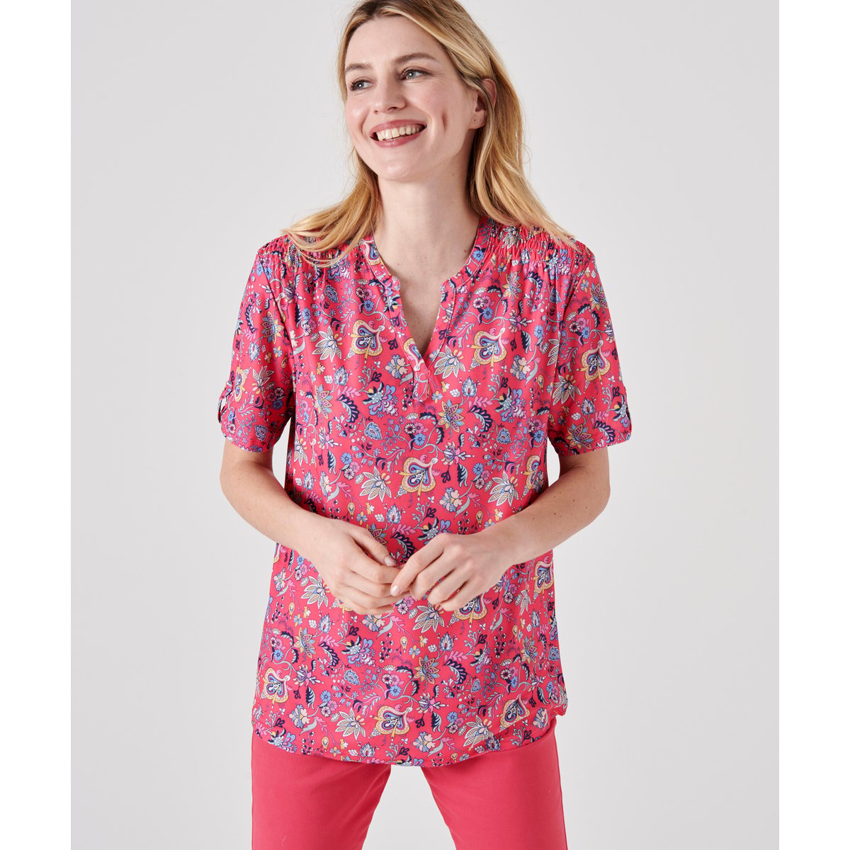 Blouse crêpe rose fleuri, DAMART