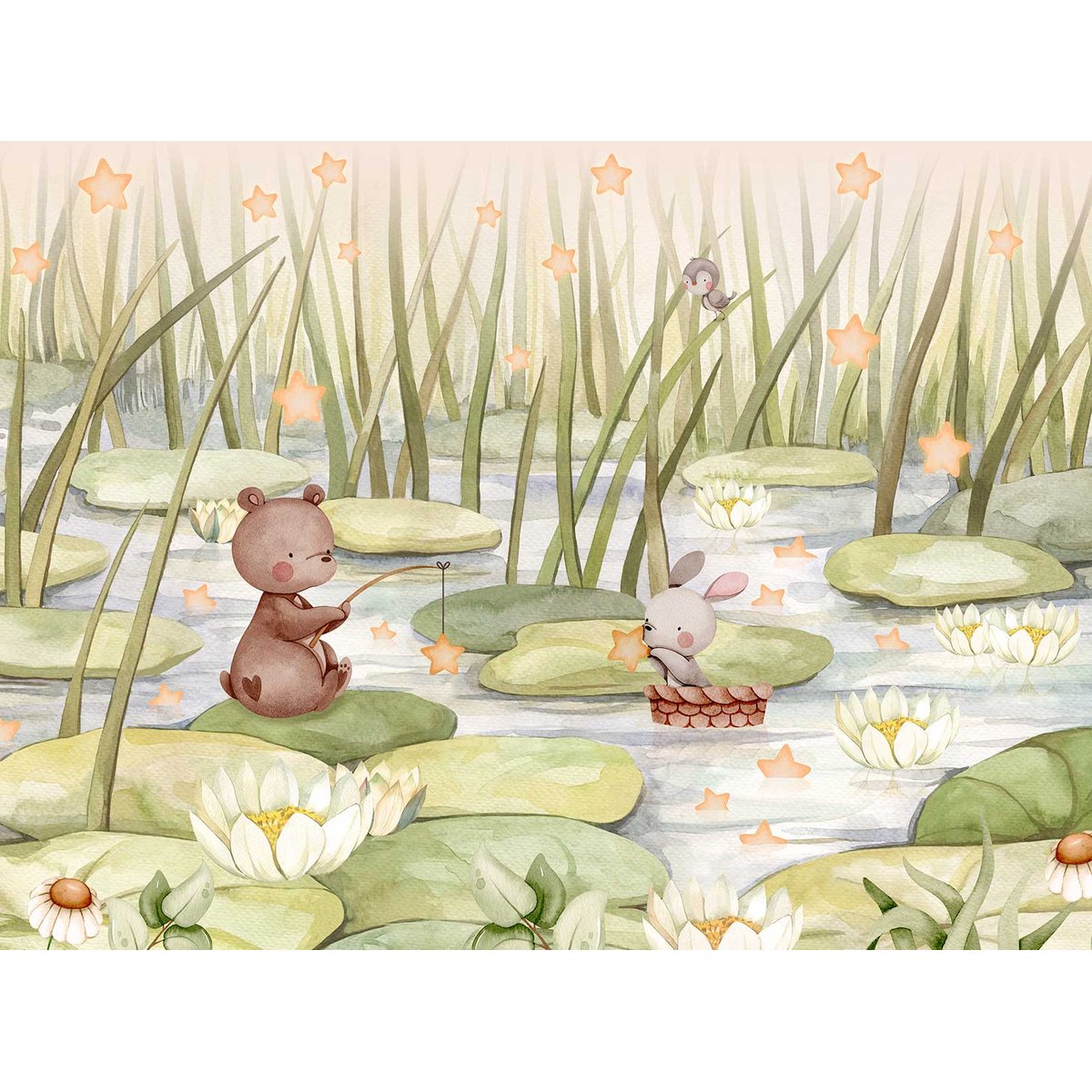 Papier peint étoiles nature chambre bébé vert, HEXOA
