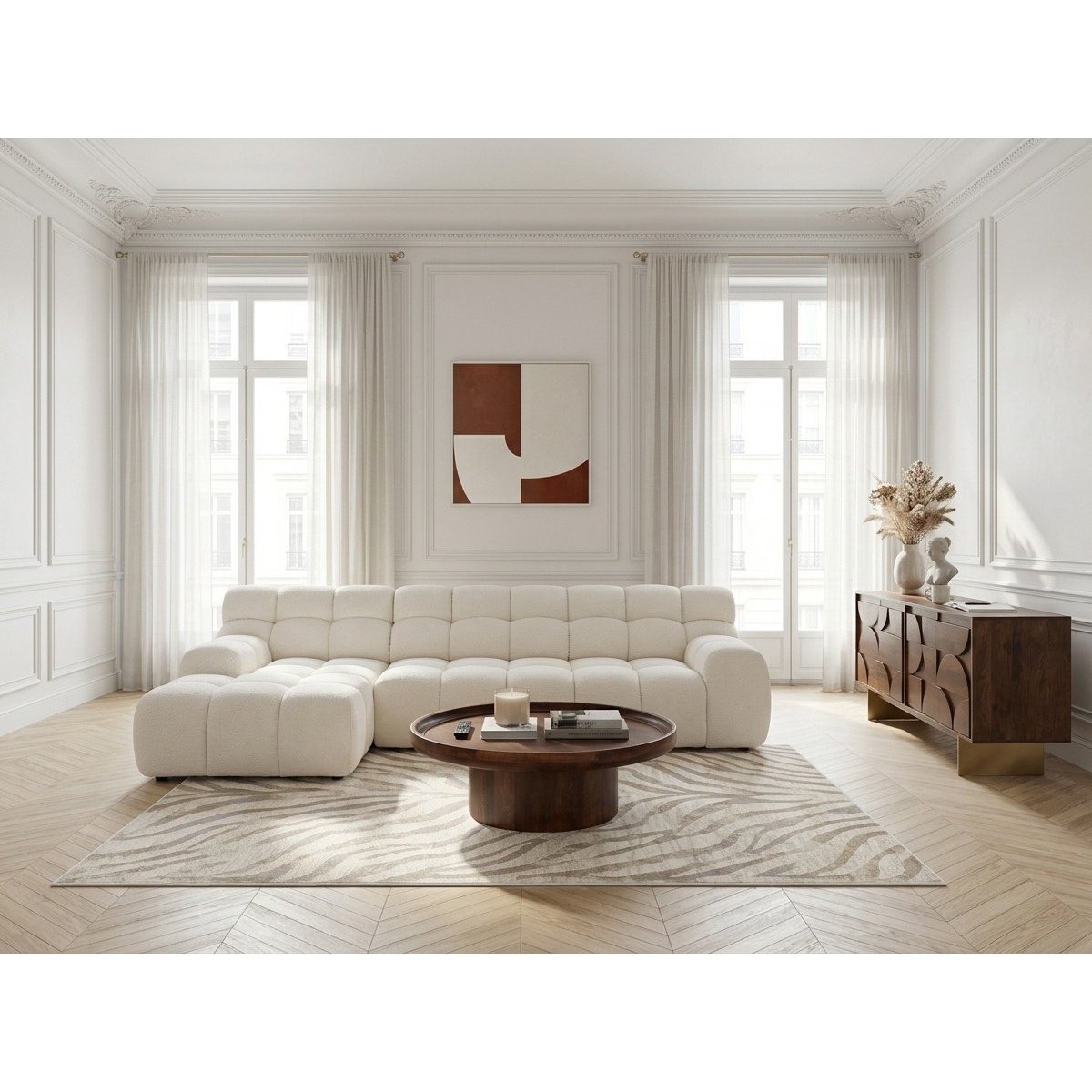 Canapé d'angle convertible 3 places en tissu texturé, ANDRE blanc, BOBOCHIC