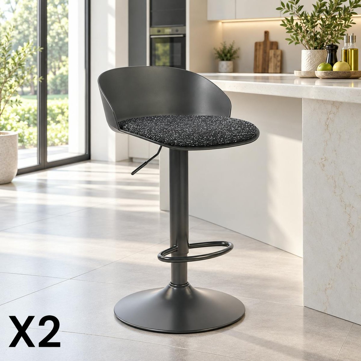 Tabouret de bar réglable, métal et tissu (lot de 2) LEEDS noir, PIER IMPORT