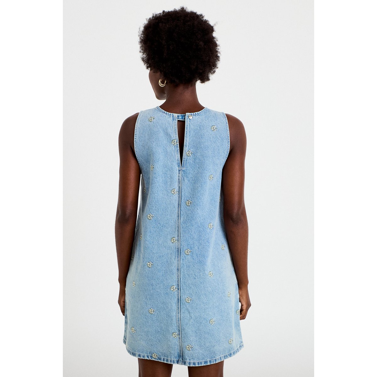 Robe courte évasée en jean sans manches bleu, CACHE CACHE
