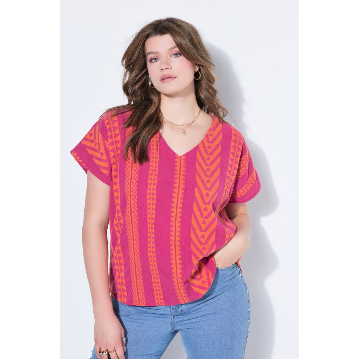 Blouse oversize, motif jacquard rose fluo, STUDIO UNTOLD